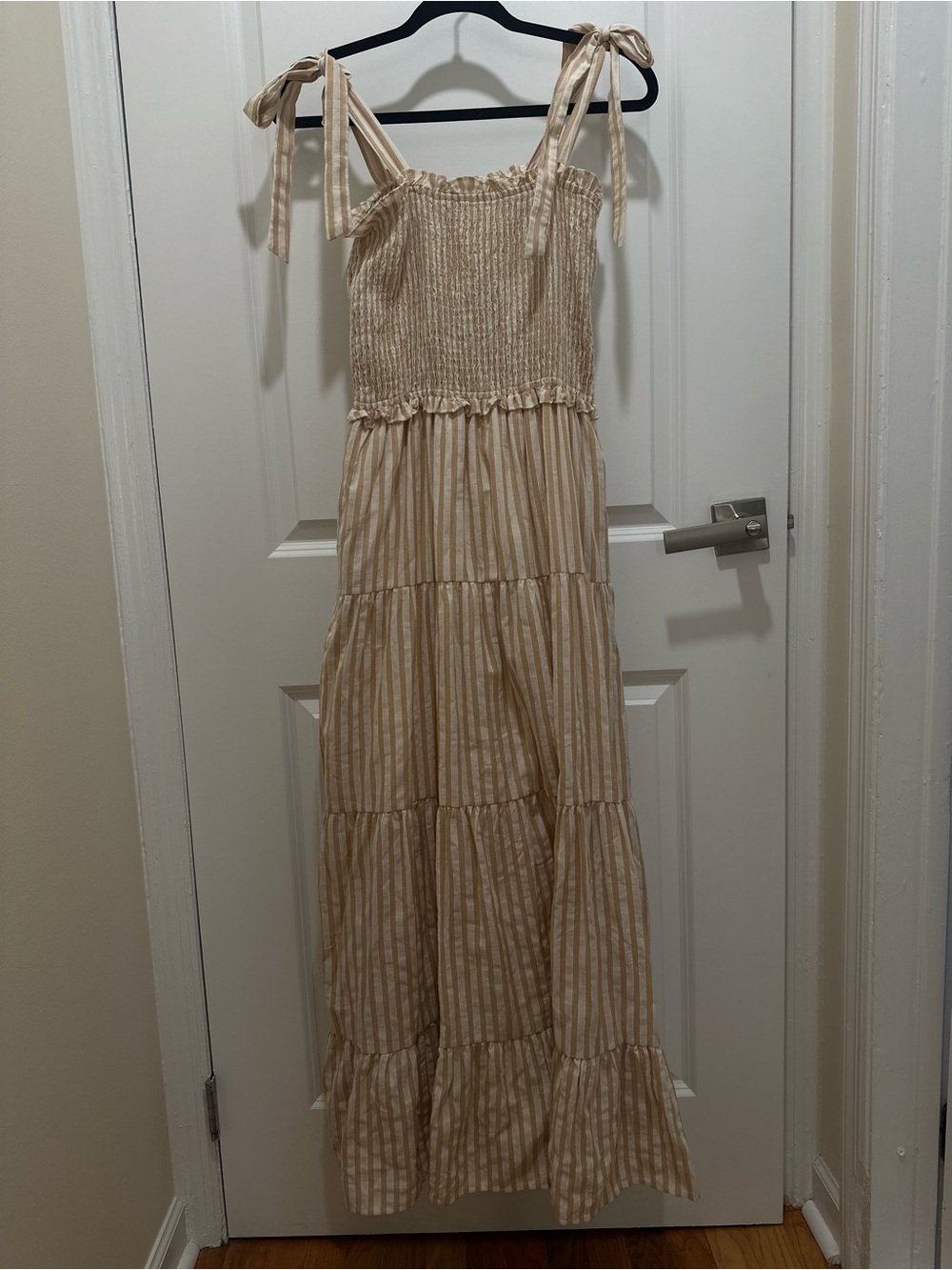 Beige Striped Tie-Shoulder Maxi Dress